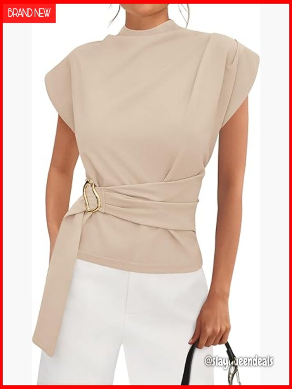 Mock Neck Cap Sleeve Blouse with Buckle Detail, Tunic Work Top